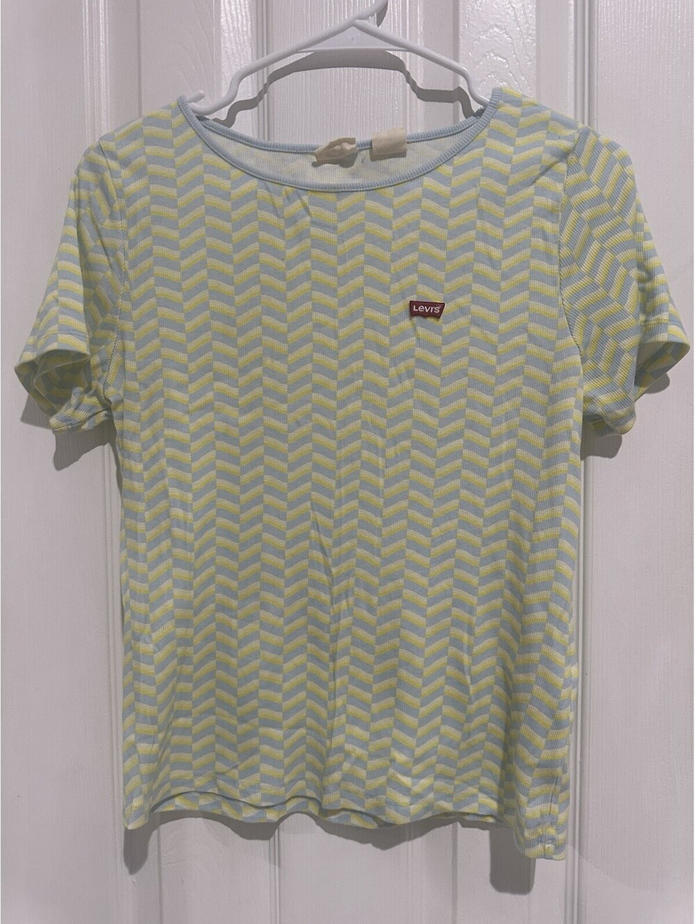 Retro Levi’s Juniors Large Blue/Yellow Geometric Stretch Short Sleeve Shirt
